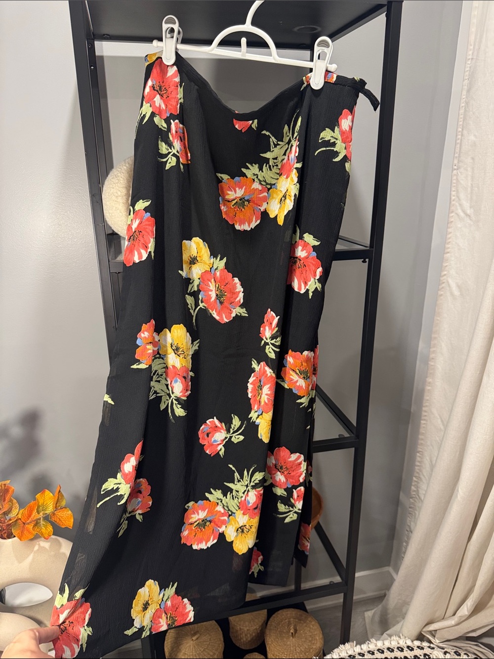 167. Black Floral Midi skirt with Red & Yellow Blooms